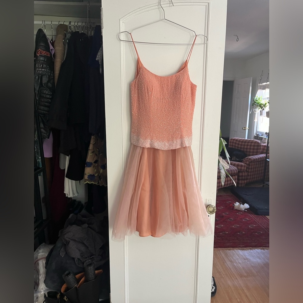 Jovani Beaded Peach Tulle Cocktail Dress – Size 6